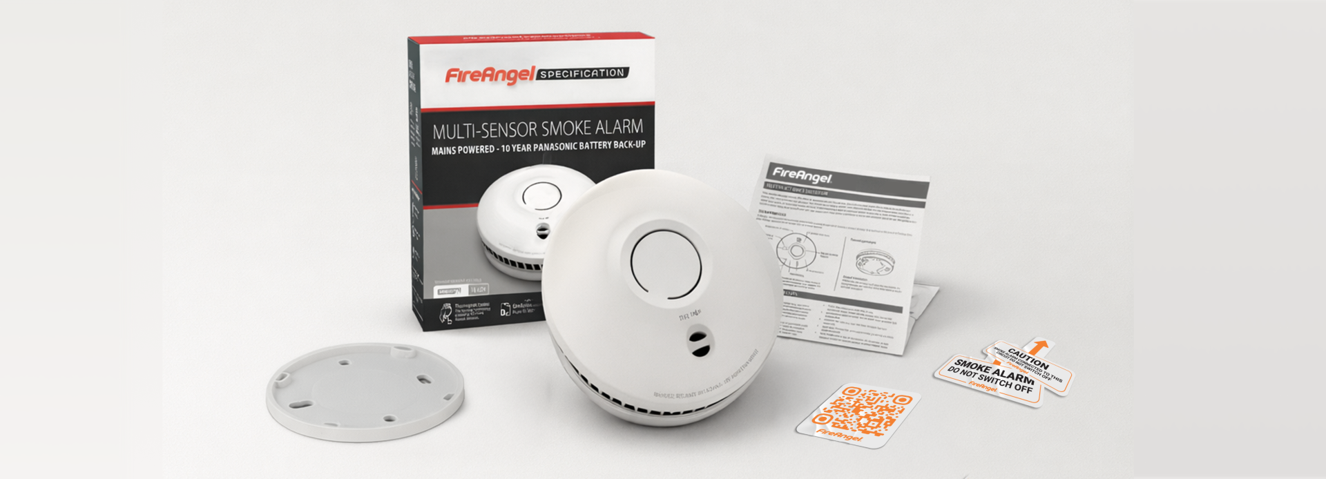 Home Occupier QR label. D1 Smoke alarm shown, with what items you receive in the box.