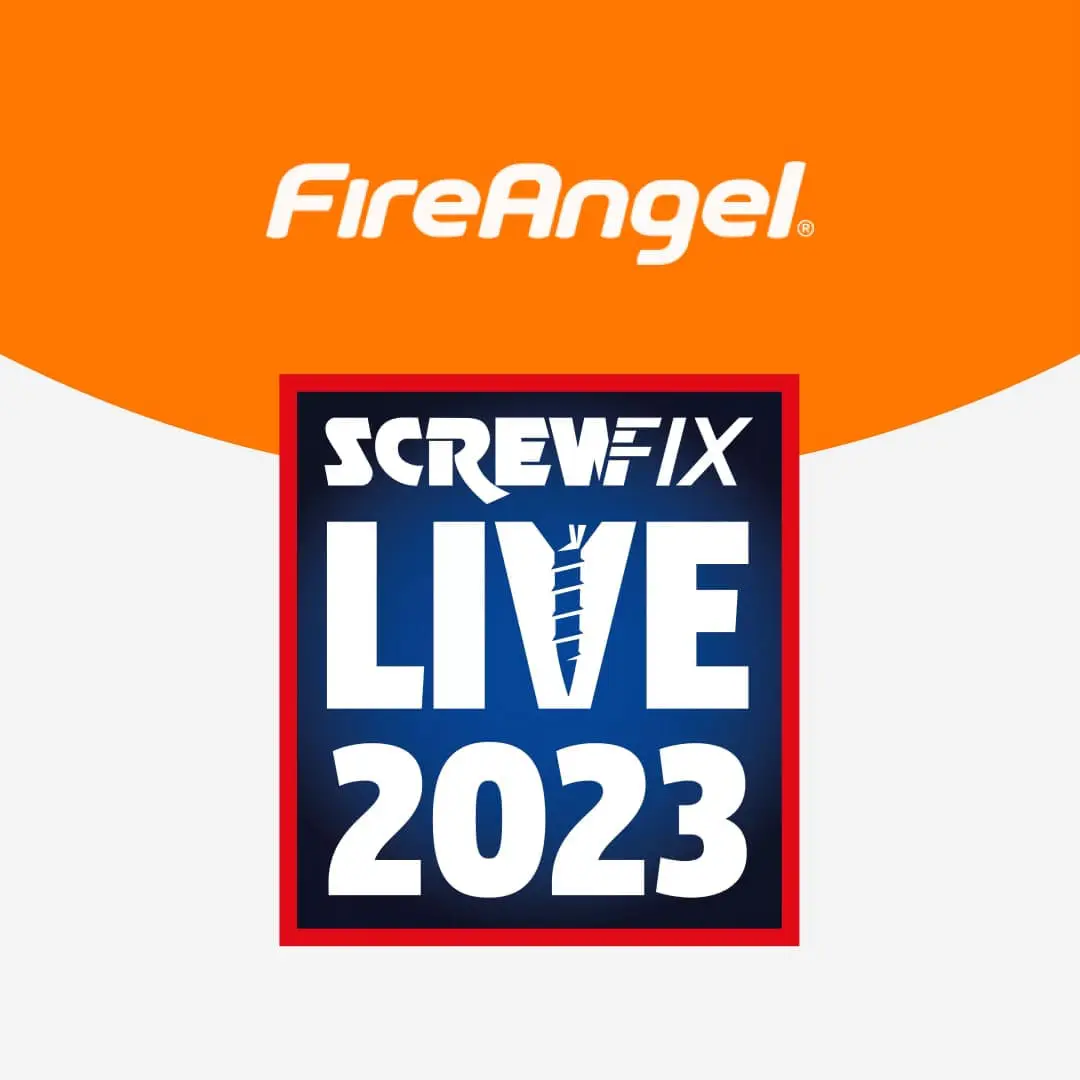 FireAngel logo above a vibrant Screwfix Live 2023 event graphic with blue and orange tones.