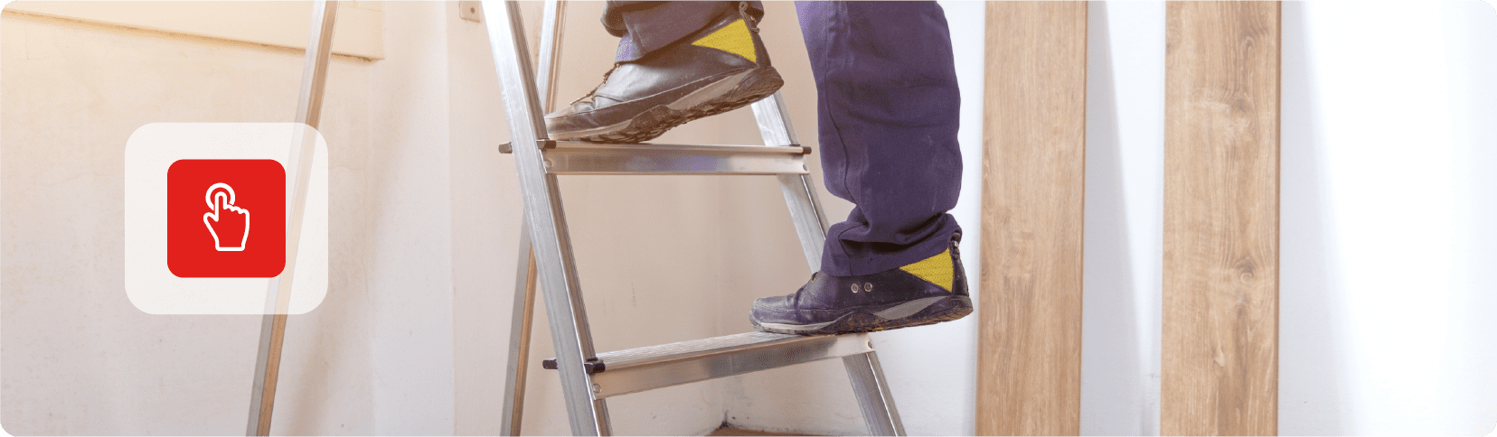 Person on a step-ladder indoors, in dark trousers and black shoes—fire kills campaign awareness.