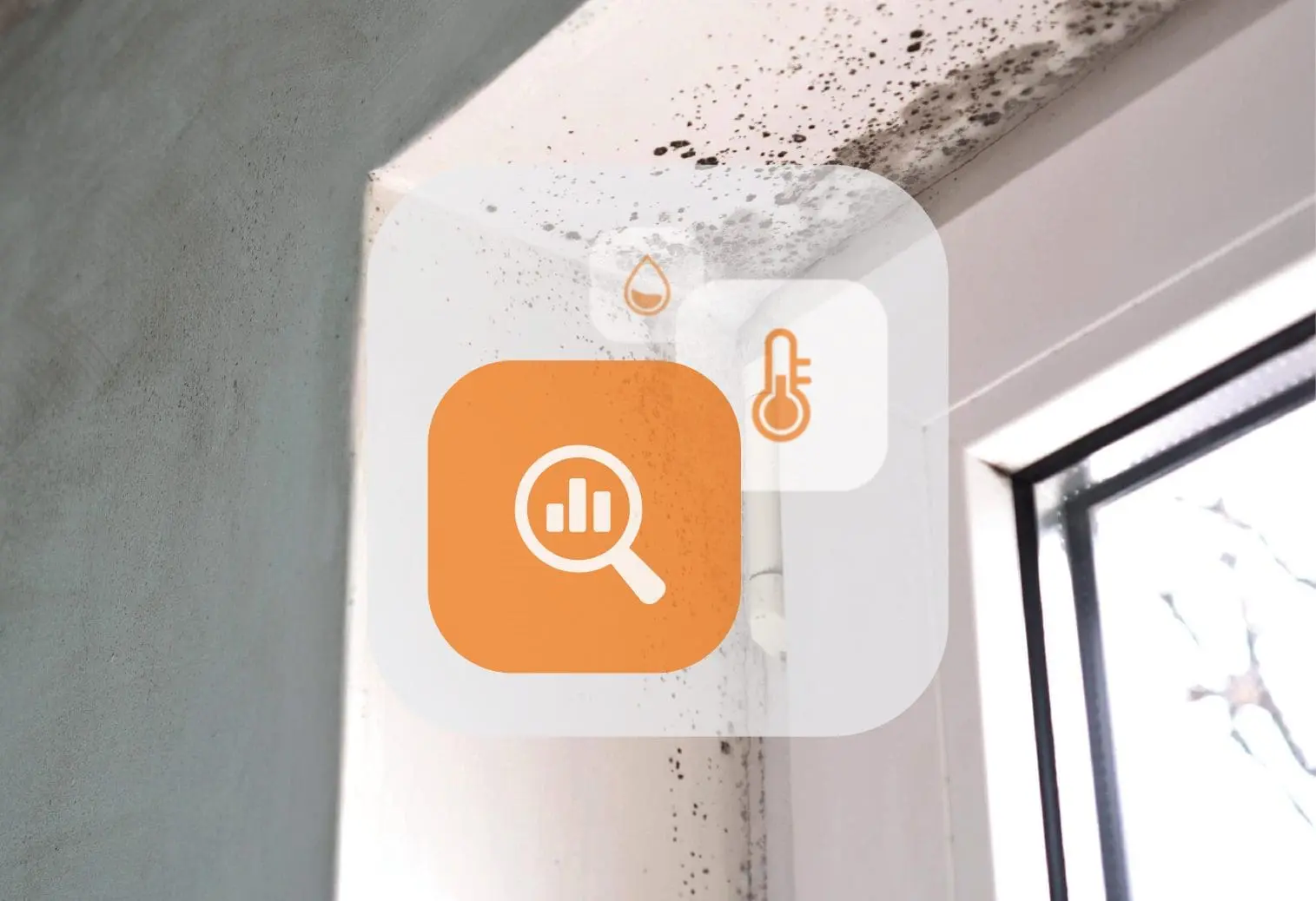 Black mould on a wall corner near a window, with condensation and temperature icons overlaid.