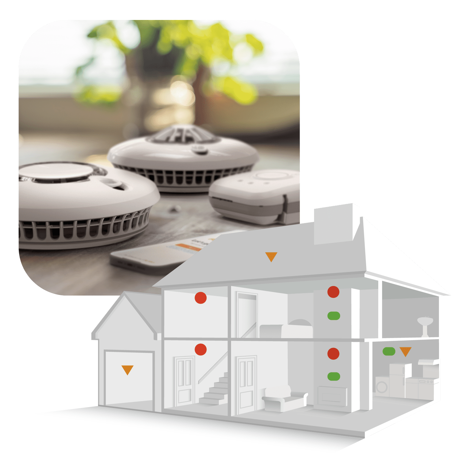 Illustration of a house showing what fire and CO alarms to fit, plus close-up smoke detectors.