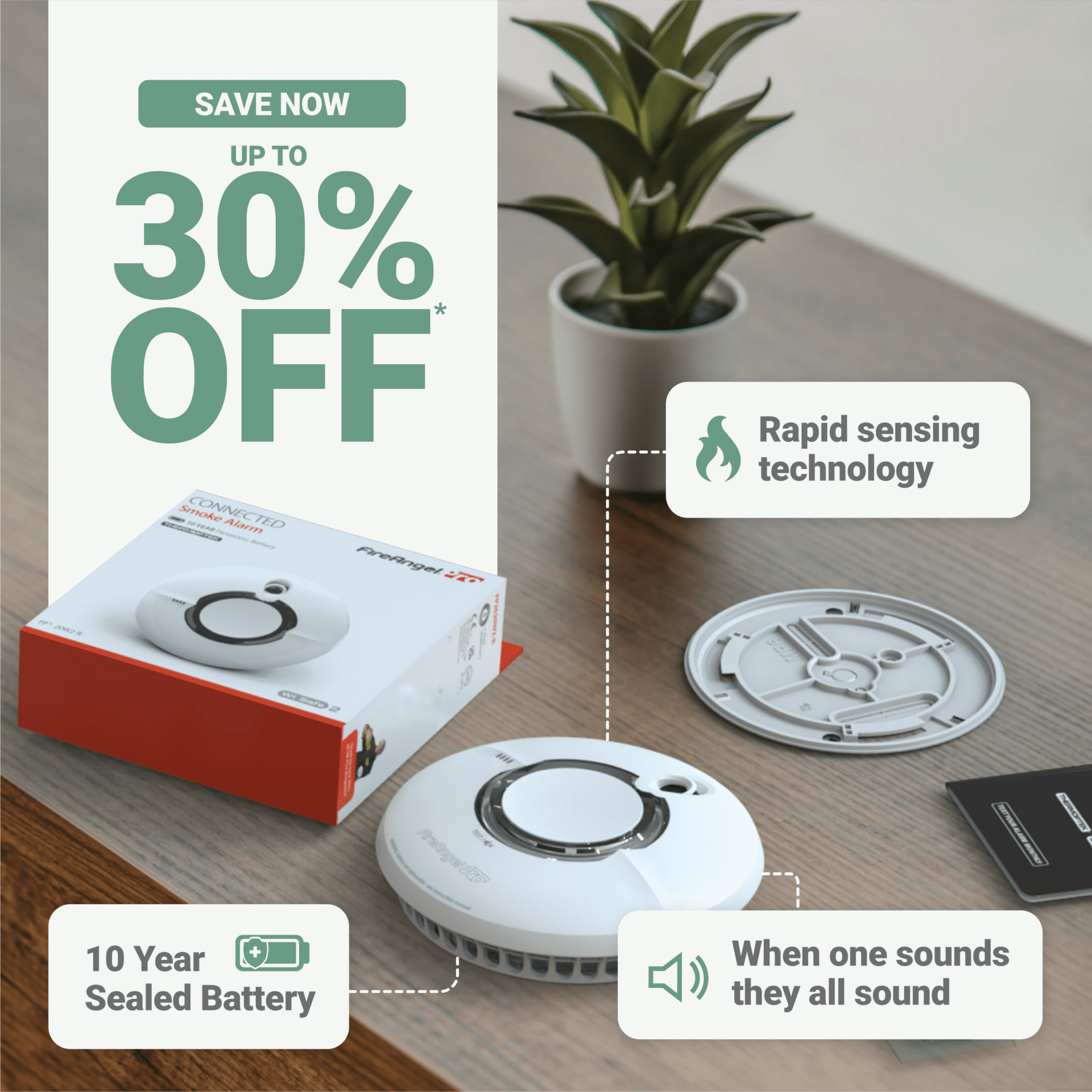 Smoke detector sale: box, open detector, plant—protect your home with top features!.