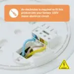Close-up of FP1640W2-R wiring in a white fitting with electrician installation warning.