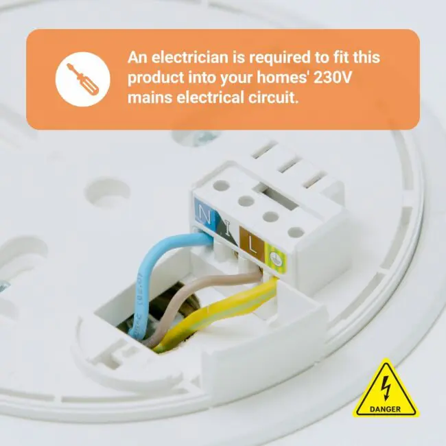 Close-up of FP1640W2-R wiring in a white fitting with electrician installation warning.