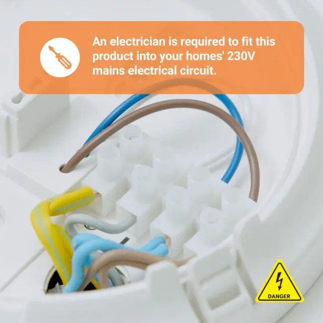 Close-up of SW1-PF-T wiring with warning: electrician required for installation.