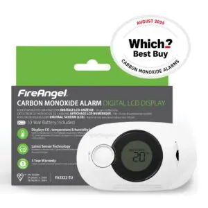 FA3322 CO alarm with LCD, shows 20°C temperature reading.