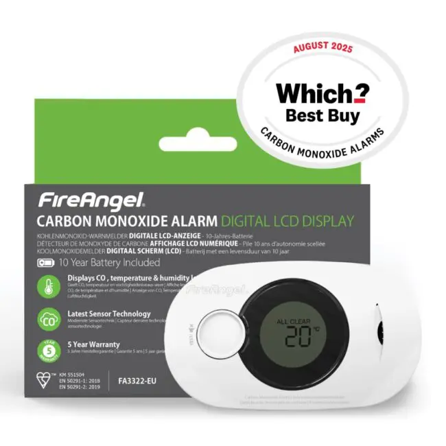 FA3322 CO alarm with LCD, shows 20°C temperature reading.