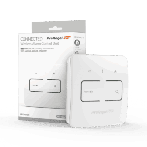 FP1014W2-R white wireless smart control switch with packaging in the background.
