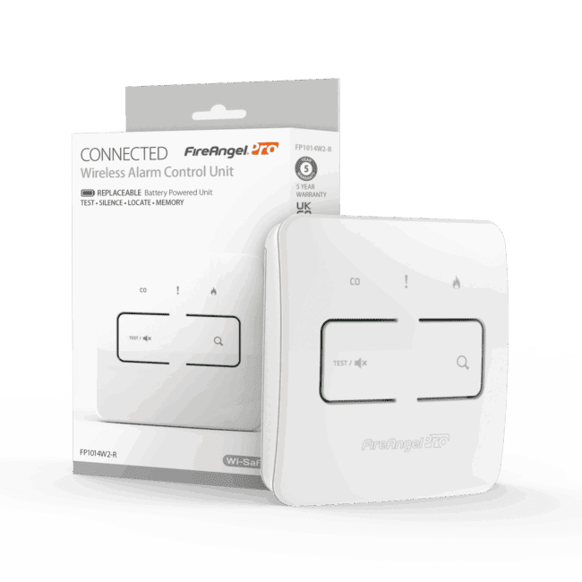 FP1014W2-R white wireless smart control switch with packaging in the background.