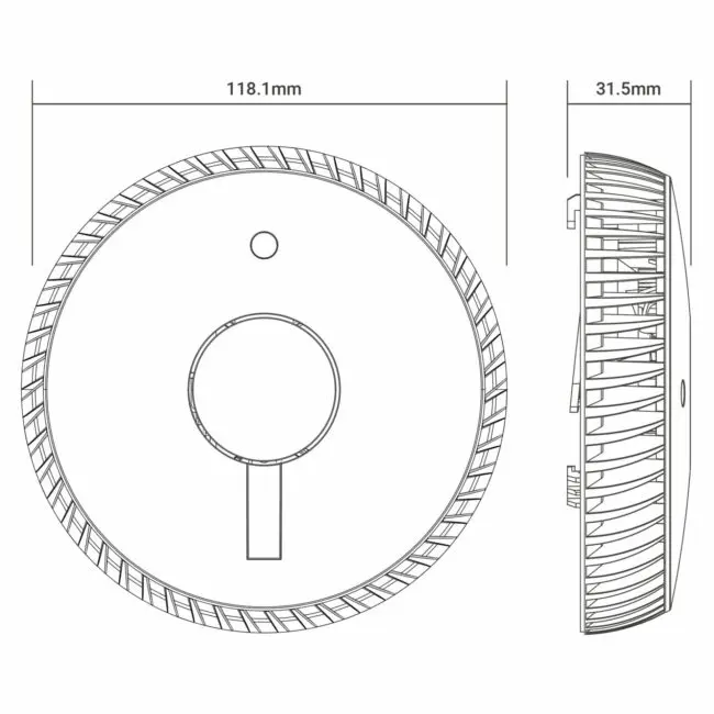 Technical drawing of FA6611-R, round, 118.1mm wide, 31.5mm deep, with vent details.