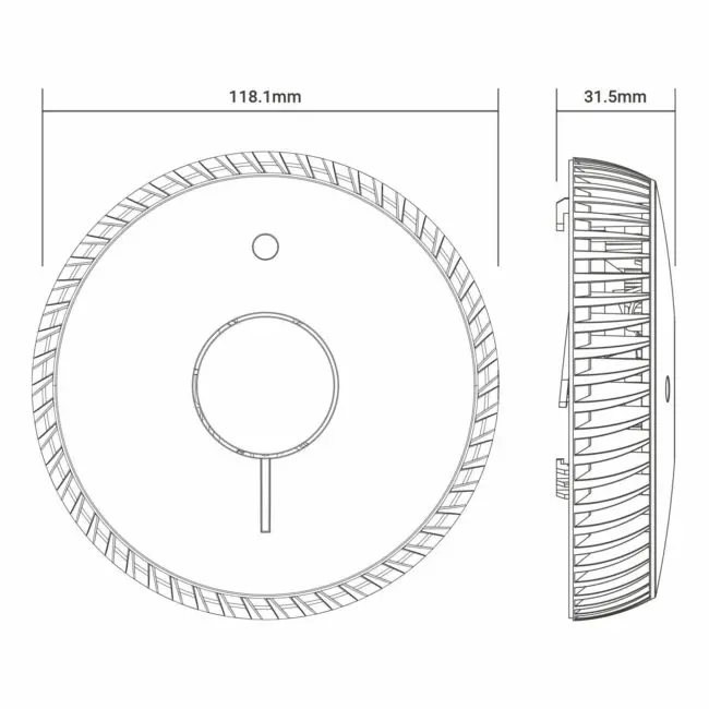 Technical drawing of FA6615-R, round device, 118.1mm wide, 31.5mm thick (side/front views).