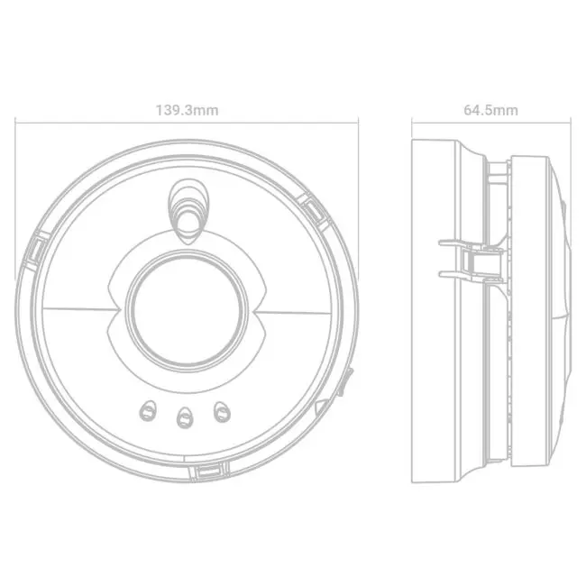 Technical drawing of CW1-PF-T, round, 139.3mm wide, 64.5mm deep.