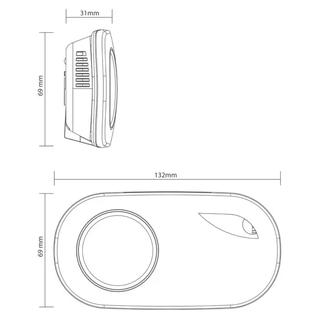 FA3328-EUT oval device, 132x69x31mm, top and side views in technical drawing.