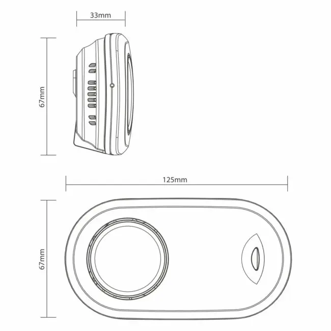 Top and side views of FA3820-EUX10 oval device, 125x67x33mm technical drawing shown.