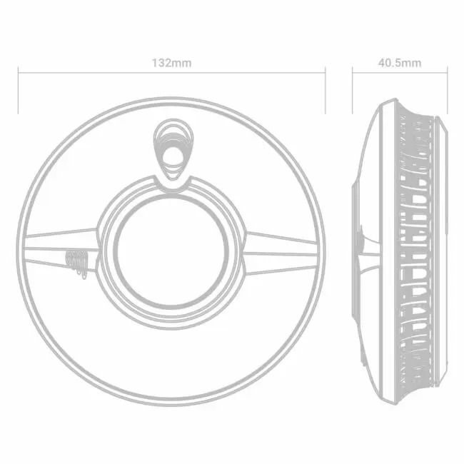 FP2620W2-R technical drawing: round device, 132mm wide, 40.5mm deep; front and side views.