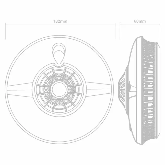 Technical drawing of HT-630, round device 132mm wide, 60mm tall, with top and side views.