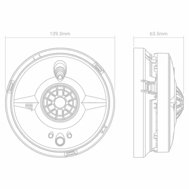 HW1-PF-T technical drawing, round, 139.3mm wide x 63.5mm deep, front and side views.