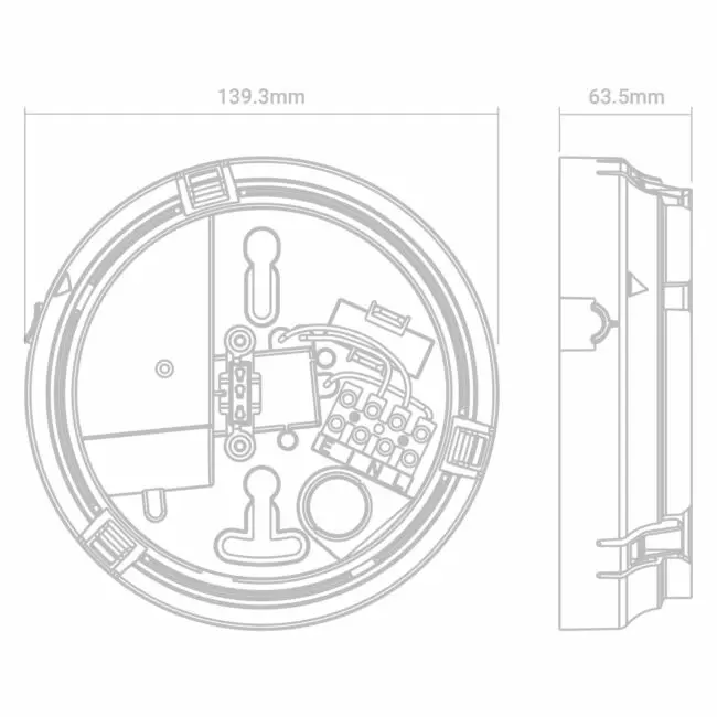 RF-BW-T round device: 139.3mm width, 63.5mm depth technical diagram.