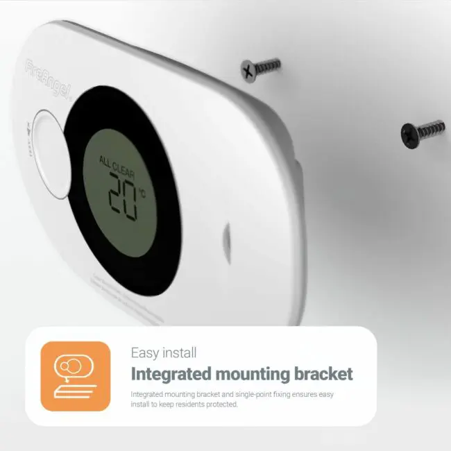 White wall-mounted FA3322-EUX10 shows ALL CLEAR 20°C; includes screws for fitting.