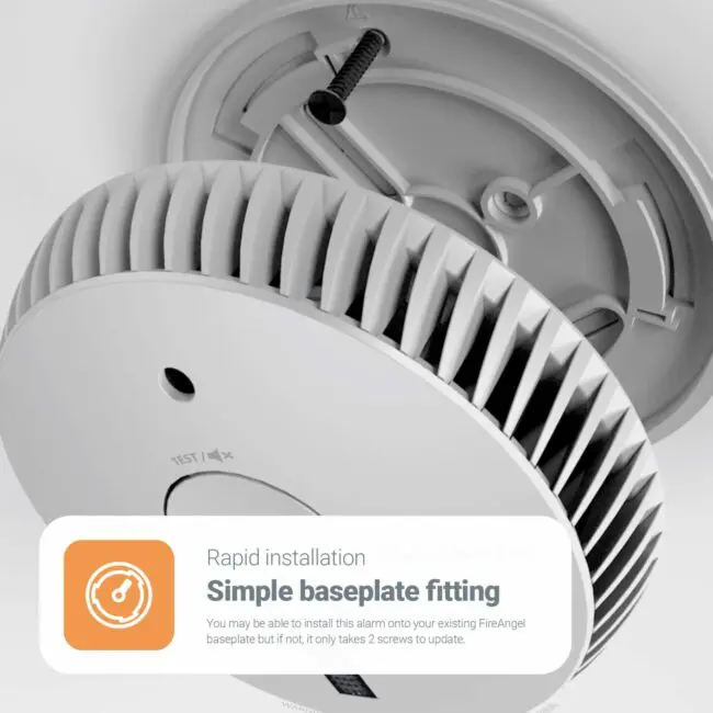 FA6611-R smoke alarm with baseplate, simple screw fitting, and labelled installation diagram.