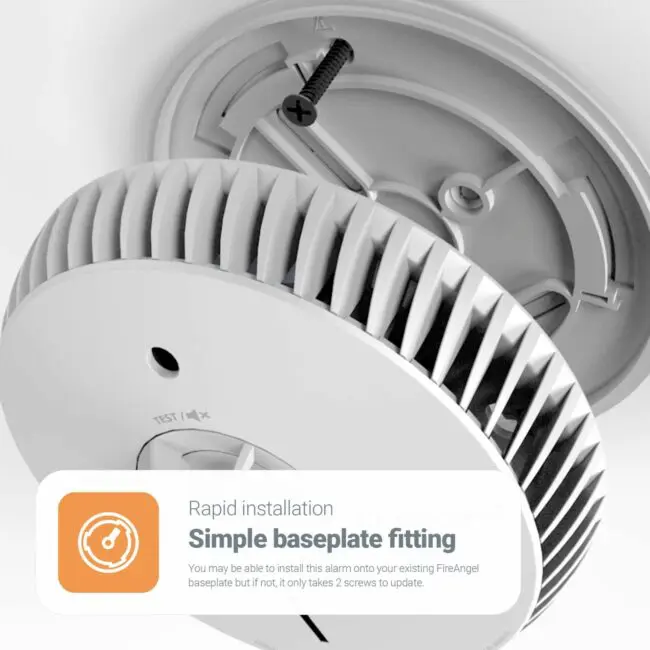 FA6720-R smoke alarm being installed onto a ceiling baseplate with two screws.