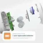 Exploded view of FA3313x4 smoke alarm showing batteries, components, and battery life information.