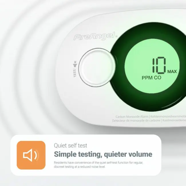 FA3322-EUX10 alarm detects 10 PPM CO and features a quiet self-test.