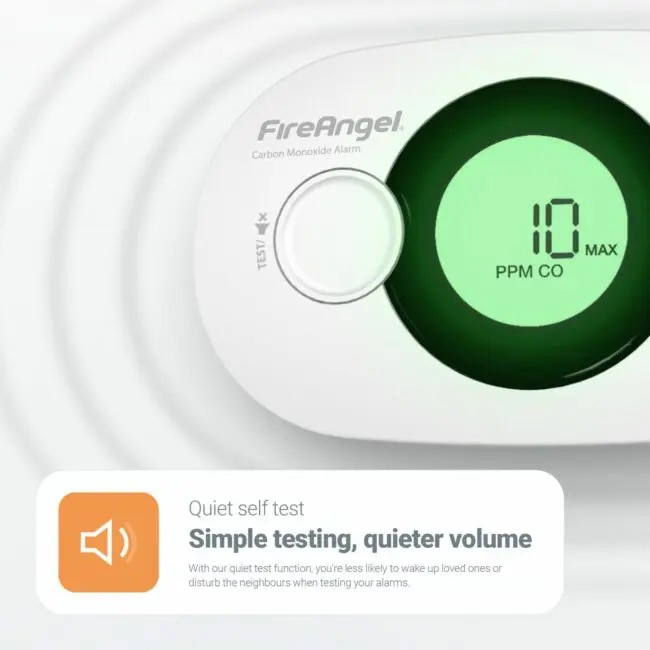 FA3322 CO alarm displays 10 PPM on green screen with test information.