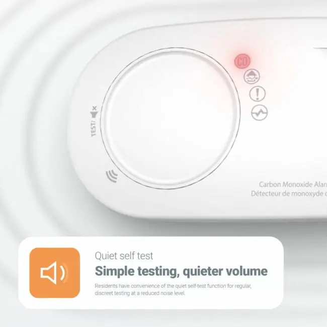 FA3328-EUT carbon monoxide alarm with red CO indicator and quiet self-test shown close-up.
