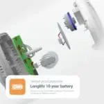 Exploded view of FA3820X4 smoke alarm with tamper-proof, 10-year internal battery.