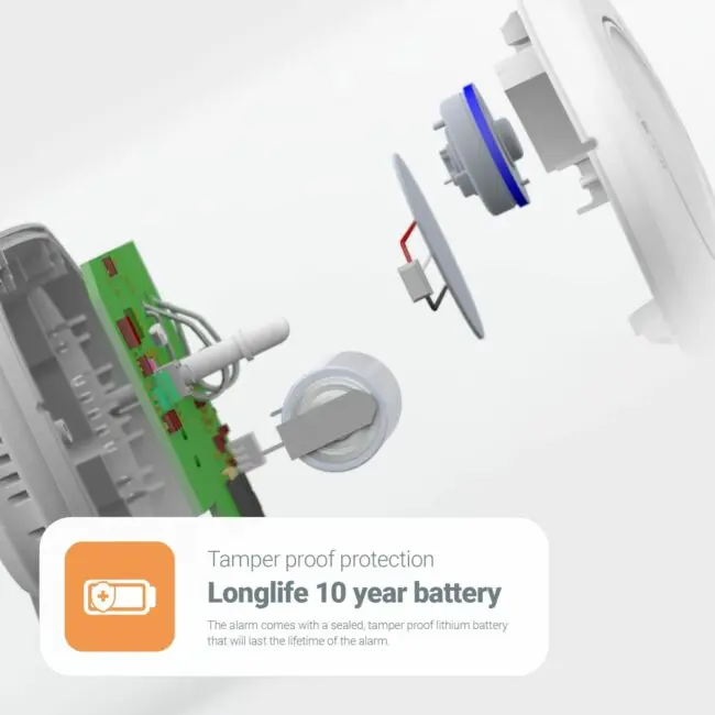 Exploded view of FA3820X4 smoke alarm with tamper-proof, 10-year internal battery.