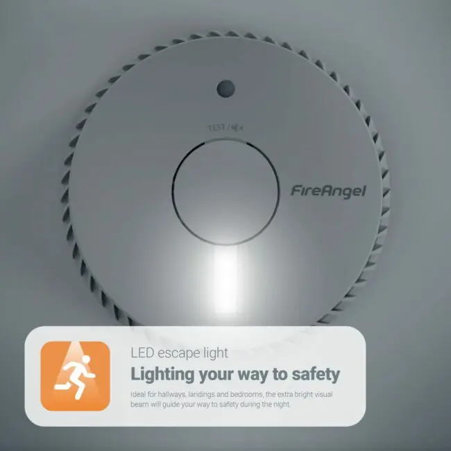 The FA6611-R smoke alarm features a glowing LED escape light and safety message beneath.