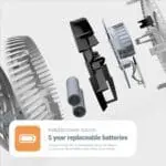 Exploded view of FA6615-R smoke alarm with two AA batteries, showing 5-year battery life.