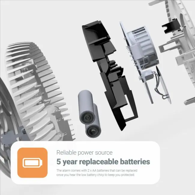 Exploded view of FA6615-R smoke alarm with two AA batteries, showing 5-year battery life.