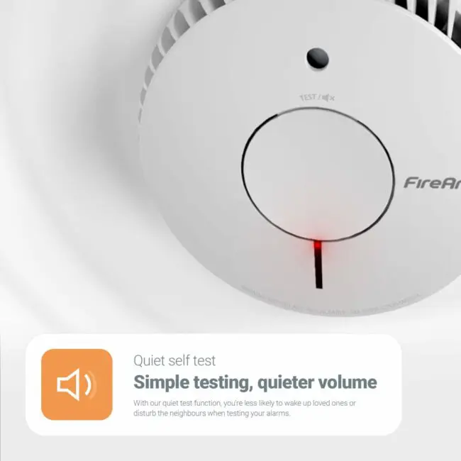 FA6620-R: White smoke alarm with test button, red indicator, and quiet self-test feature.