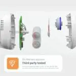 Exploded view of FA3313x4 smoke alarm with BSI Kitemark certification badge.