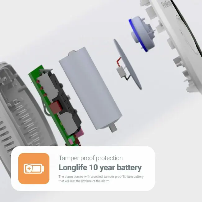 Exploded view of FA3322 with sealed 10-year tamper-proof battery.