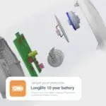 Exploded view of FA3328-EUT smoke alarm with 10-year sealed battery and tamper-proof design.