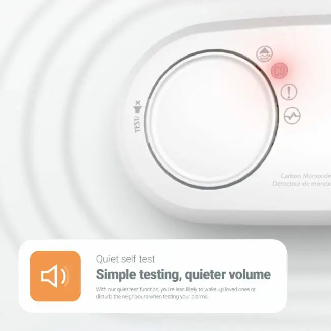 Close-up of FA3820-EUX10 CO alarm with red indicator and easy test message display.