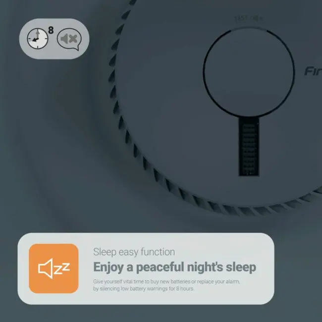 Close-up of FA6611-R smoke alarm showing icons and silencing low battery warning text.