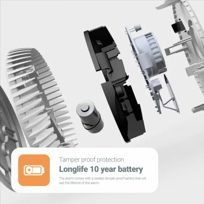 Exploded view of FA6620-R smoke alarm with 10-year battery and tamper protection.