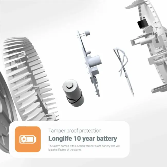 Exploded view of FA6720-R with internal parts and a 10-year tamper-proof battery.