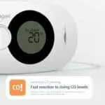 Close-up of FA3322 CO alarm display showing ALL CLEAR 20°C and safety info below.