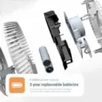 Exploded view of FA6611-R smoke alarm showing two AA batteries and internal components.