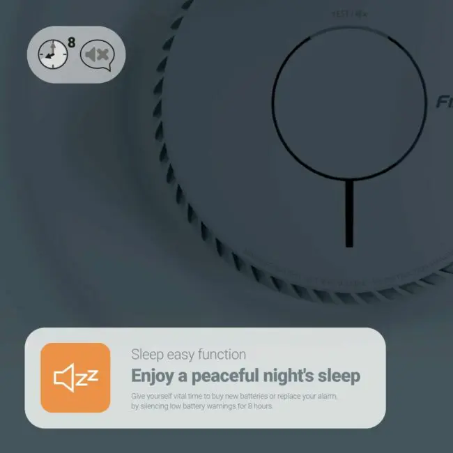 Close-up of the FA6620-R smoke alarm with an 8-hour low battery silence feature.