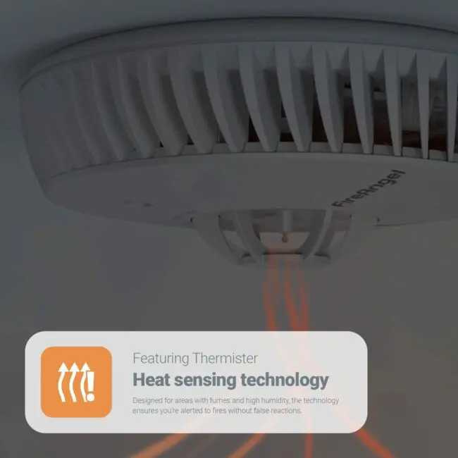 The FA6720-R ceiling detector uses heat sensors to detect smoke.
