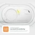 FA3328-EUT CO alarm, white, yellow warning light, with low level CO monitoring instructions.