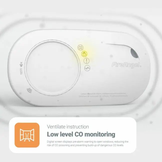 FA3328-EUT CO alarm, white, yellow warning light, with low level CO monitoring instructions.