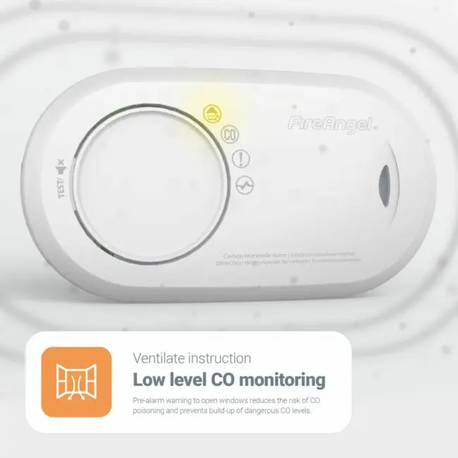 FA3820-EUX10 white CO alarm with yellow light and low level CO monitoring warning.