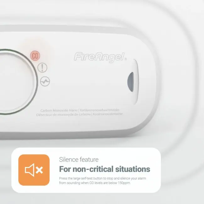 The FA3313-EUX10 is a white CO alarm with a silencing button for non-critical situations.